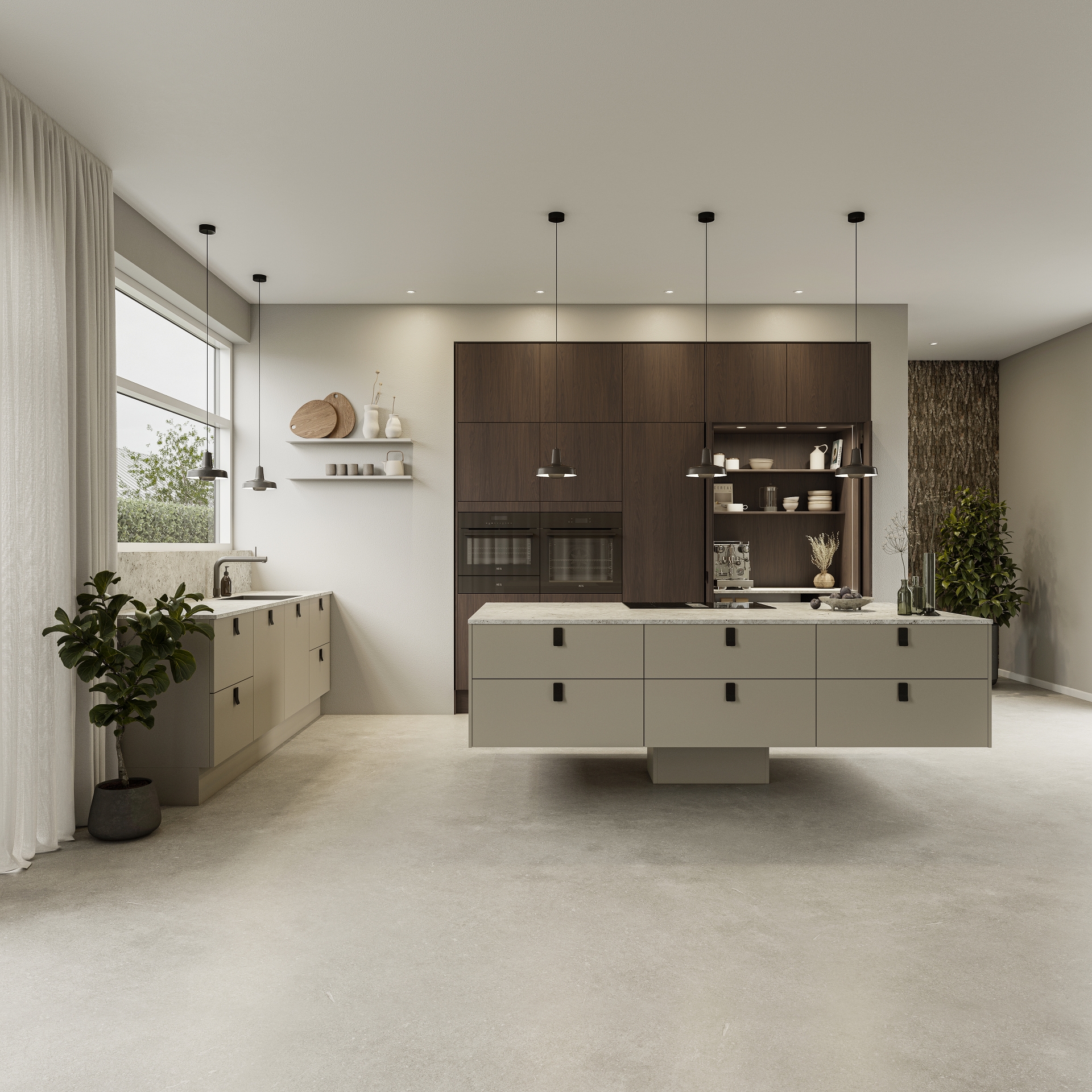 Mordern by Designa mørk eg køkken og Silk by Designa gråbrun