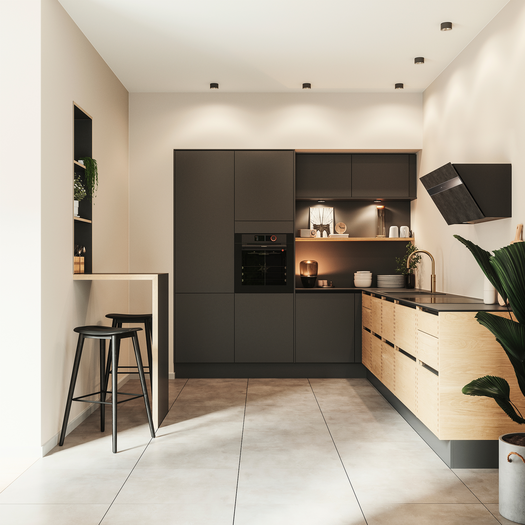 Silk by Designa køkken i sort kombineret med Nature by Designa fingertappet eg 