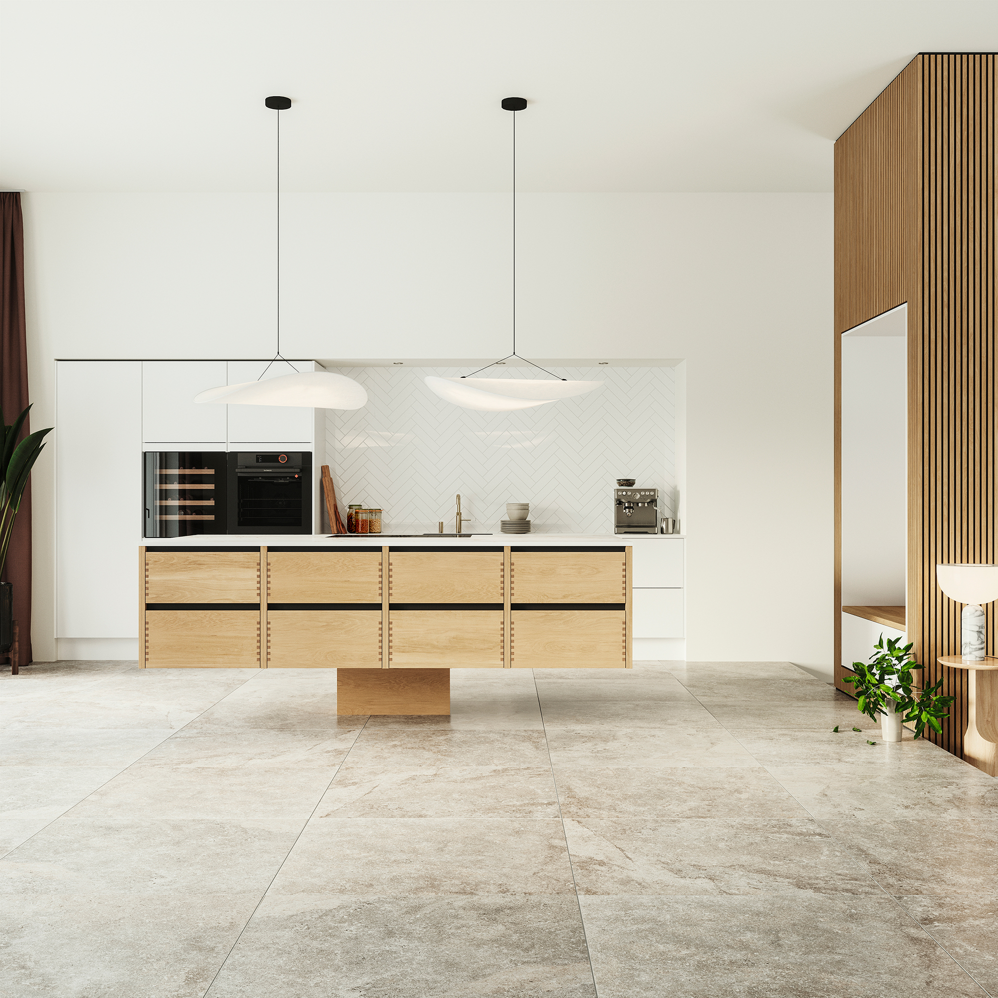 Silk by Designa køkken i hvid kombineret med Nature by Designa fingertappet