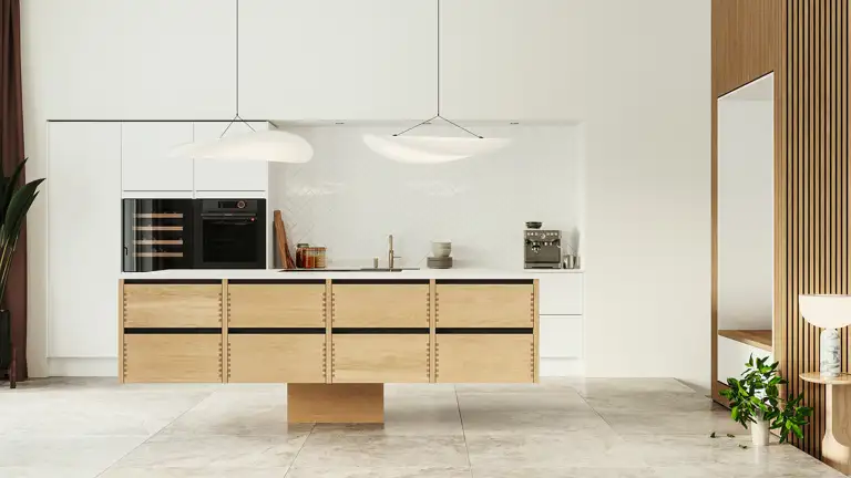 Silk by Designa køkken i hvid kombineret med Nature by Designa fingertappet