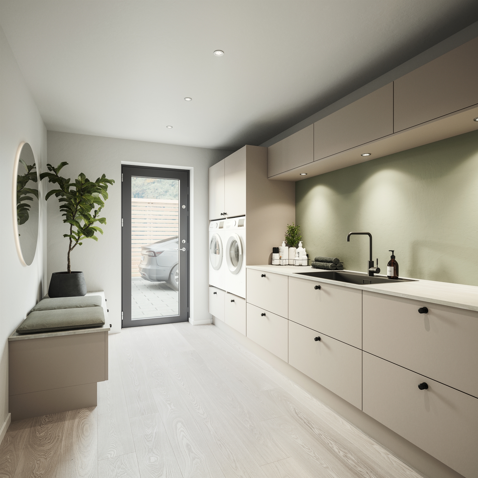 Color by Designa bryggers i beige med 20mm laminat bordplade og Cassøe armatur i mat sort