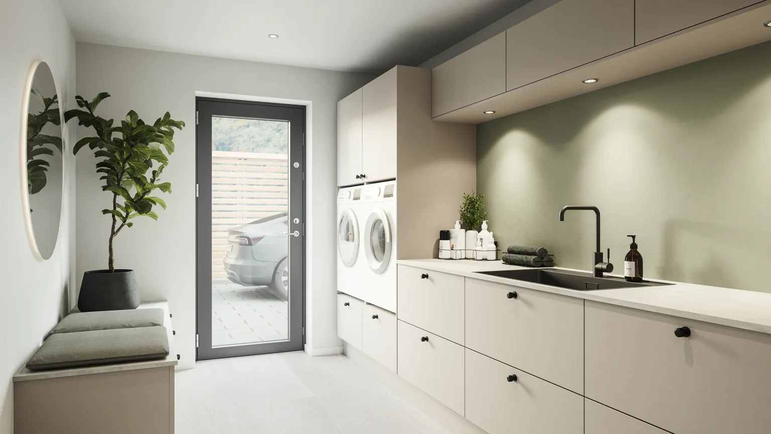 Color by Designa bryggers i beige med 20mm laminat bordplade og Cassøe armatur i mat sort