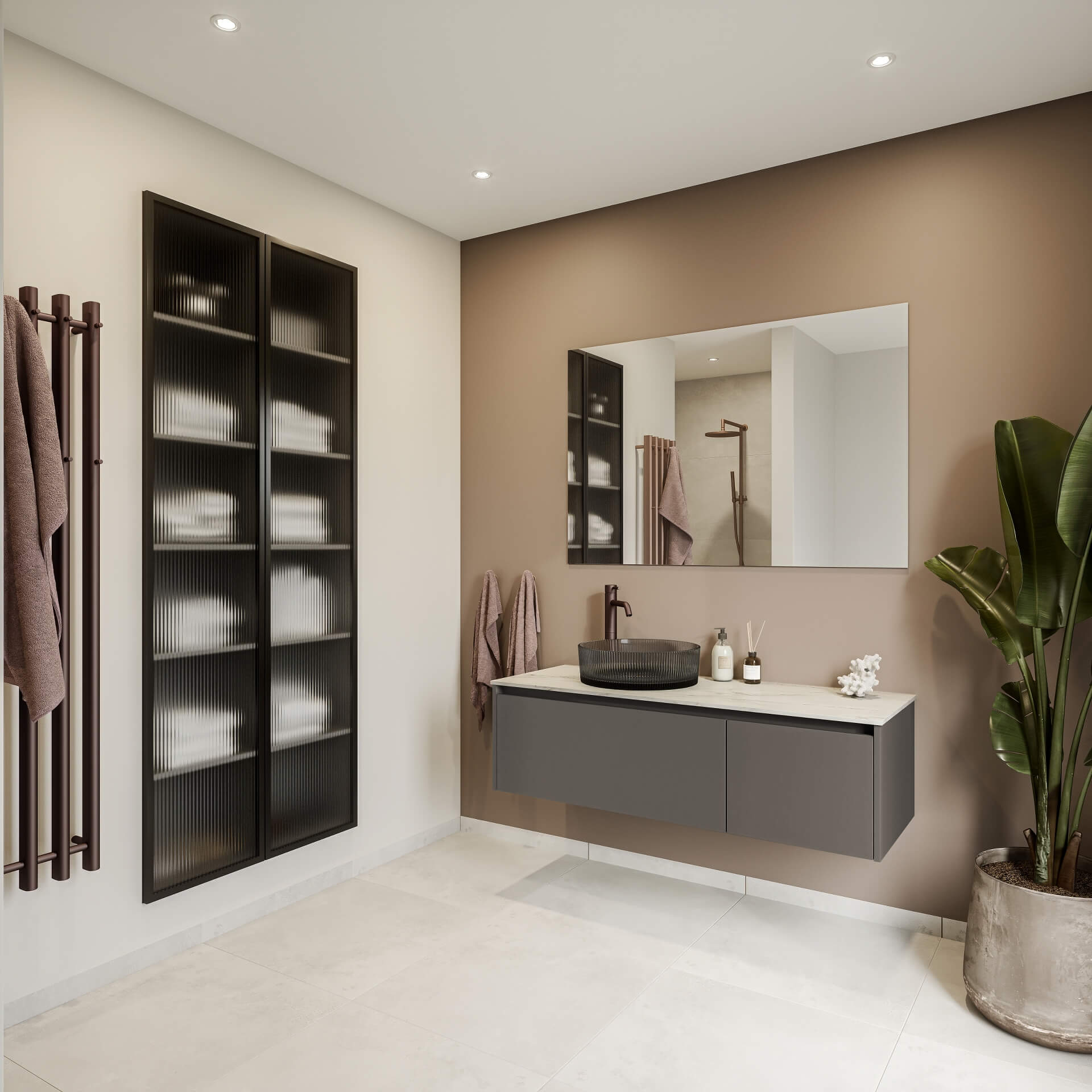 Color by Designa bad i mocca og Classic by Designa riflet glas med sort ramme