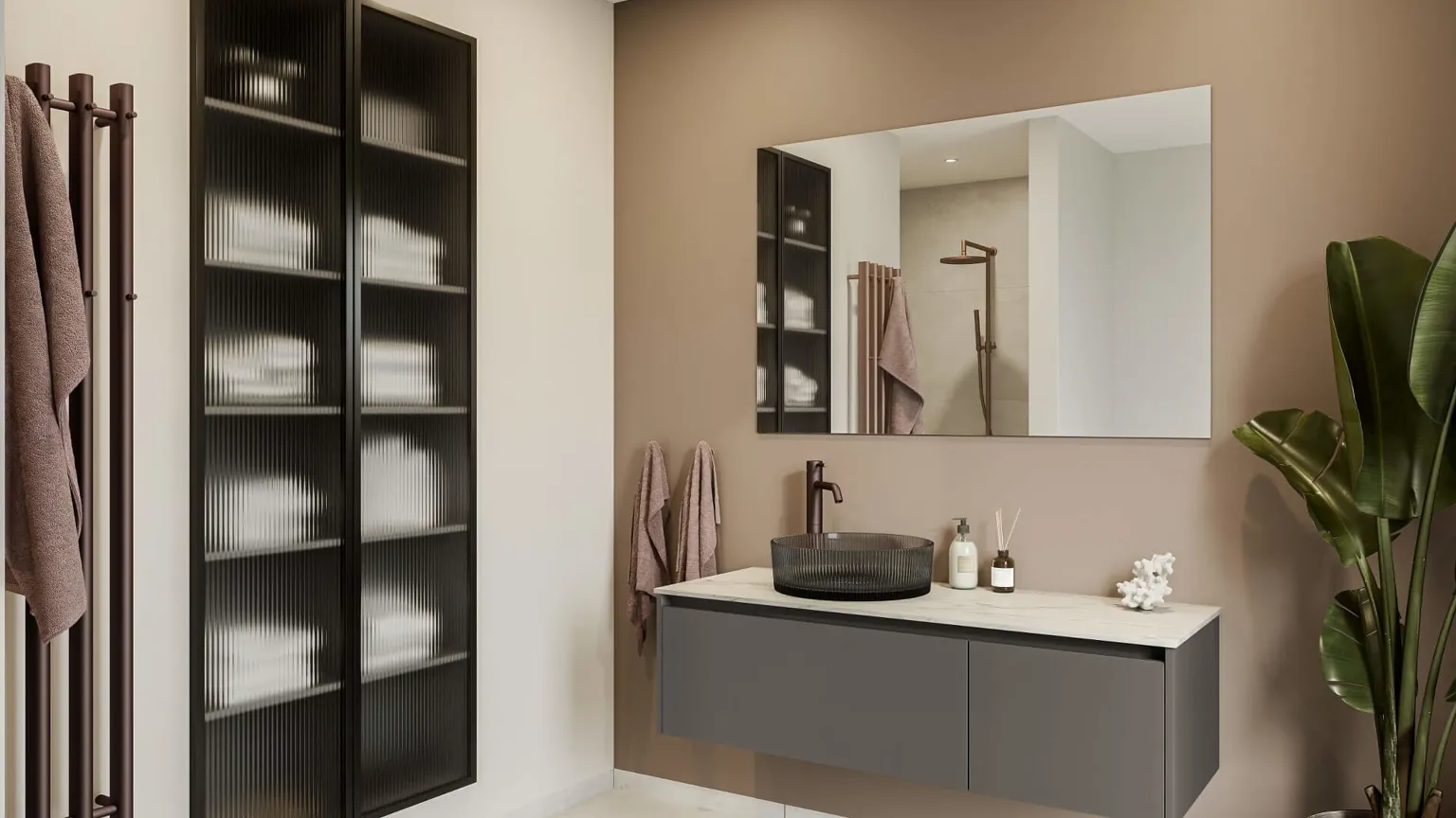 Color by Designa bad i mocca og Classic by Designa riflet glas med sort ramme
