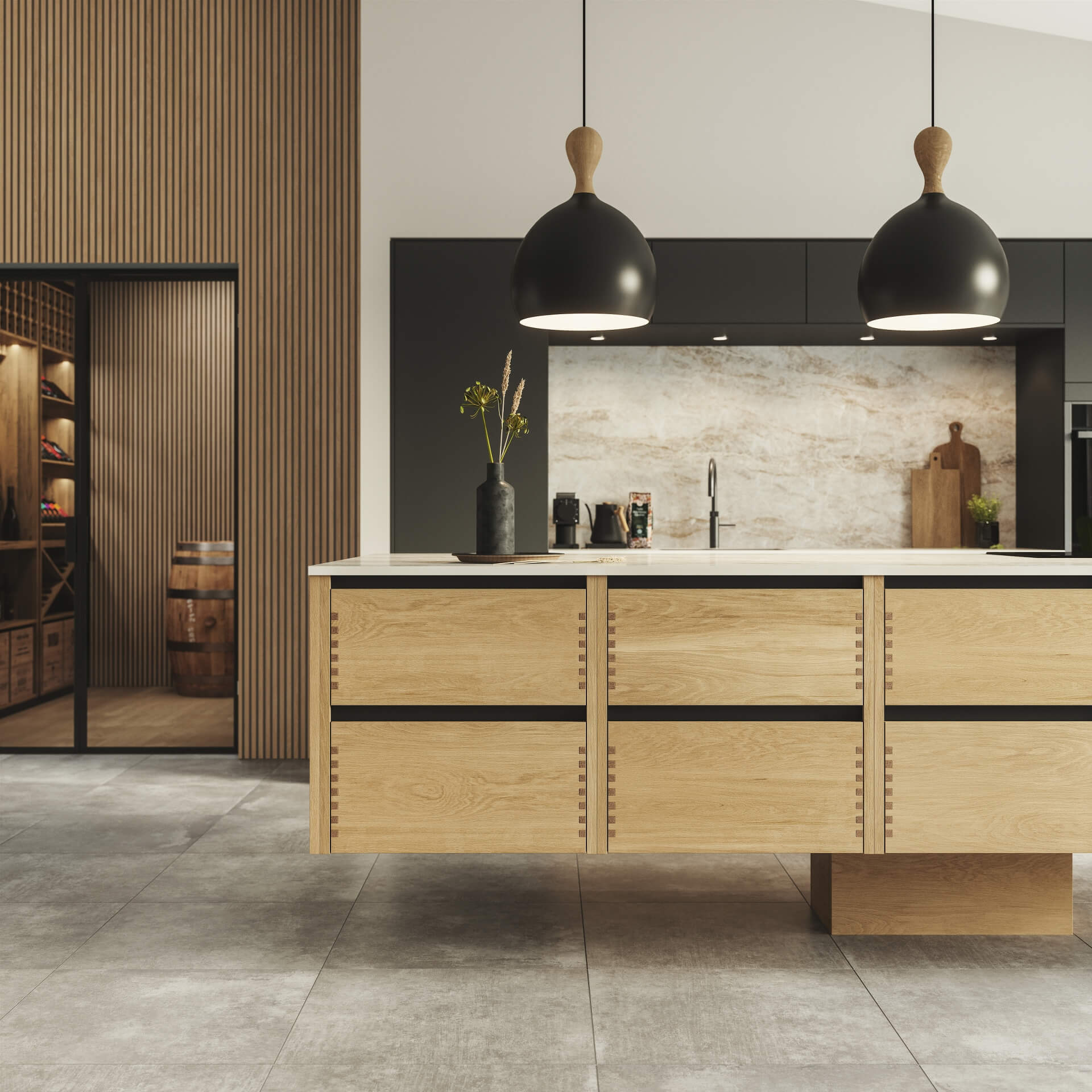 Silk by Designa køkken i sort kombineret med Nature by Designa fingertappet