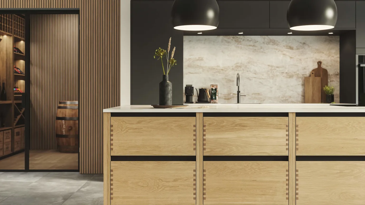 Silk by Designa køkken i sort kombineret med Nature by Designa fingertappet