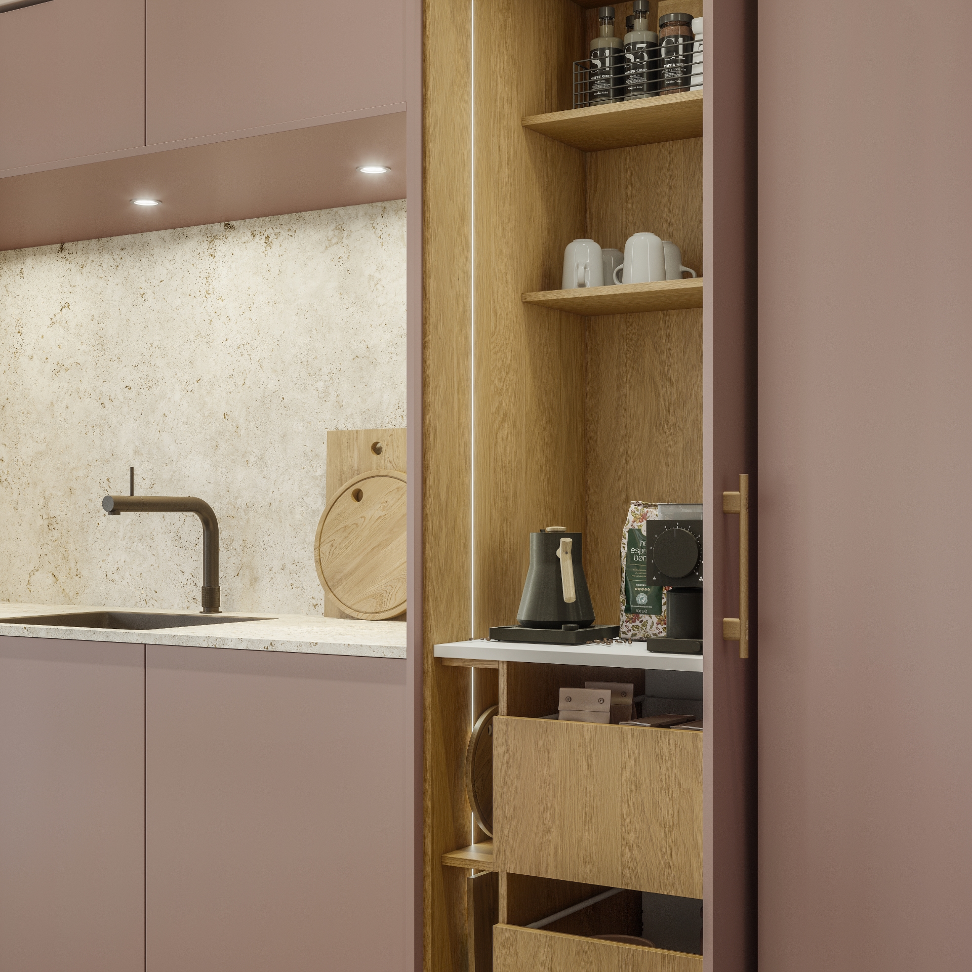 Color by Designa køkken i rosa og Nature by Designa natur eg