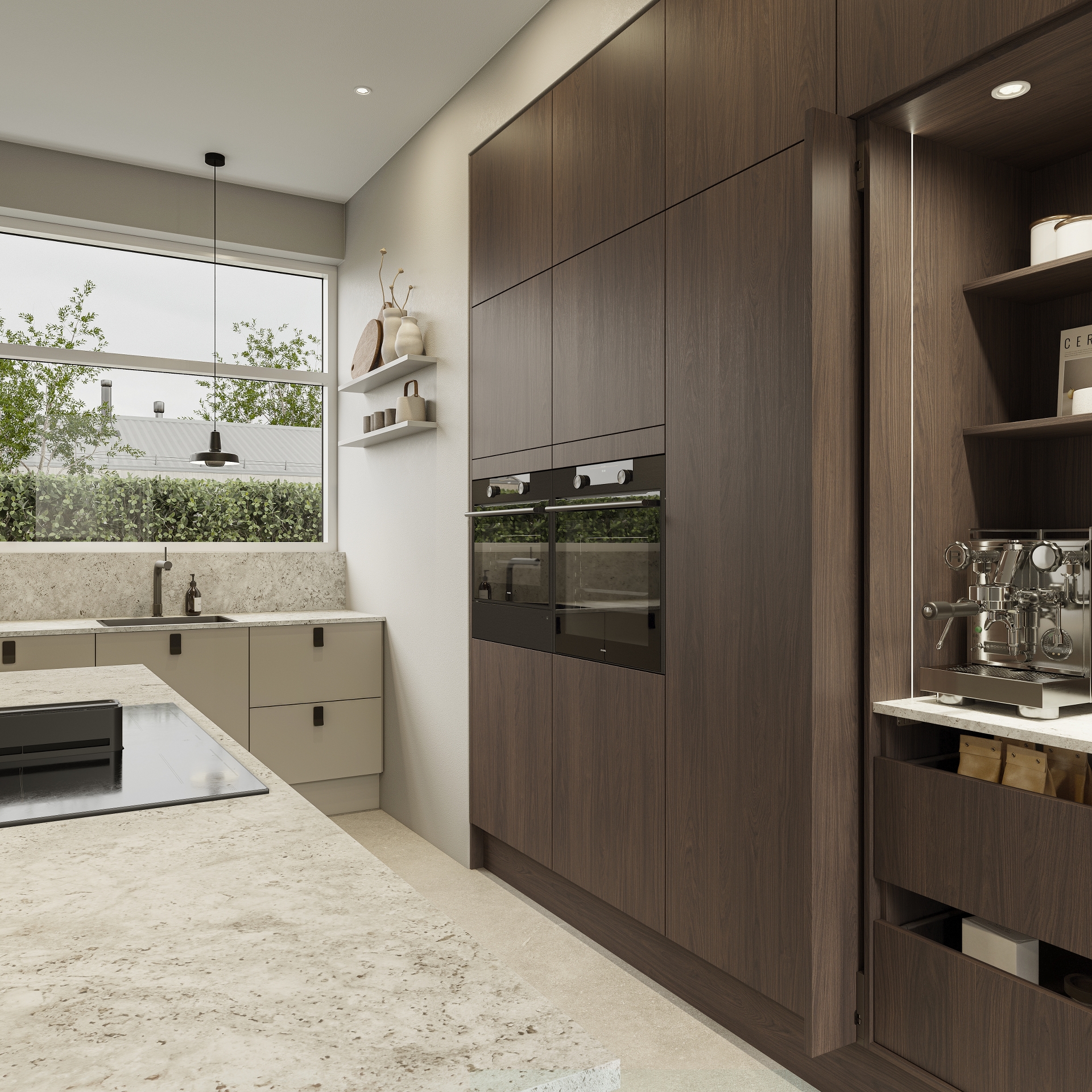 Mordern by Designa mørk eg køkken og Silk by Designa gråbrun