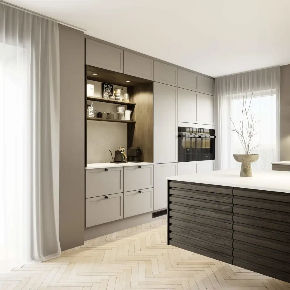 Classic by Designa køkken sand ramme kombineret med Nature by Designa i rustik mørk eg lameller