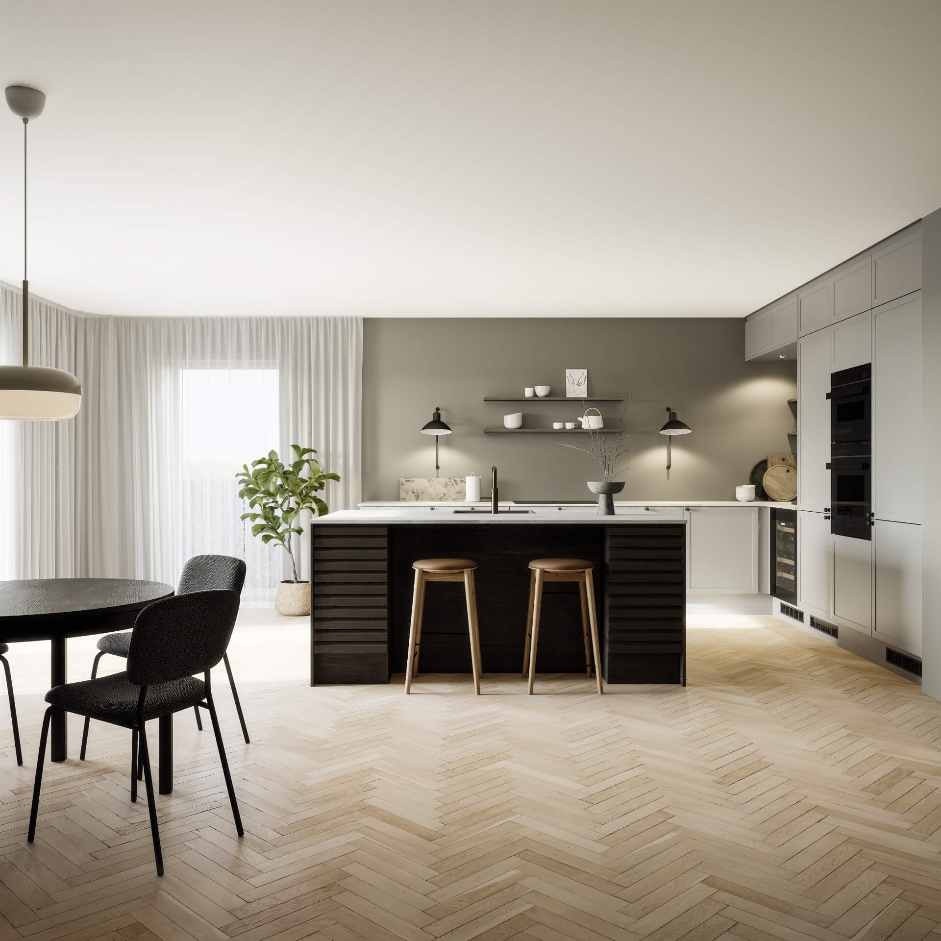 Classic by Designa køkken sand ramme kombineret med Nature by Designa i rustik mørk eg lameller