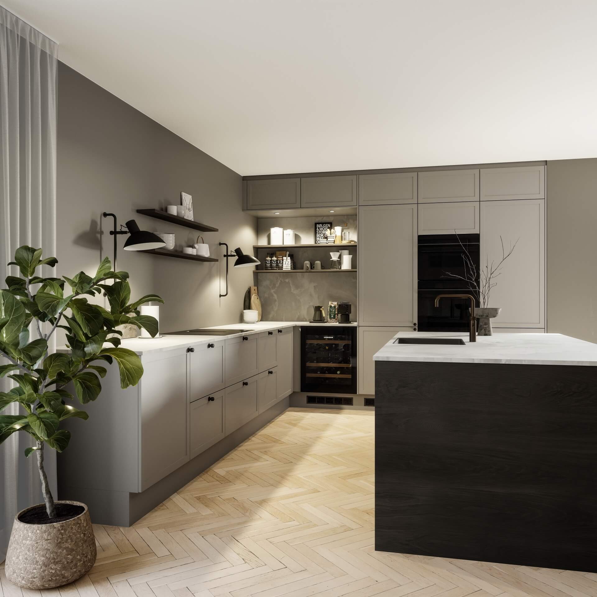 Classic by Designa køkken sand ramme kombineret med Nature by Designa i rustik mørk eg lameller