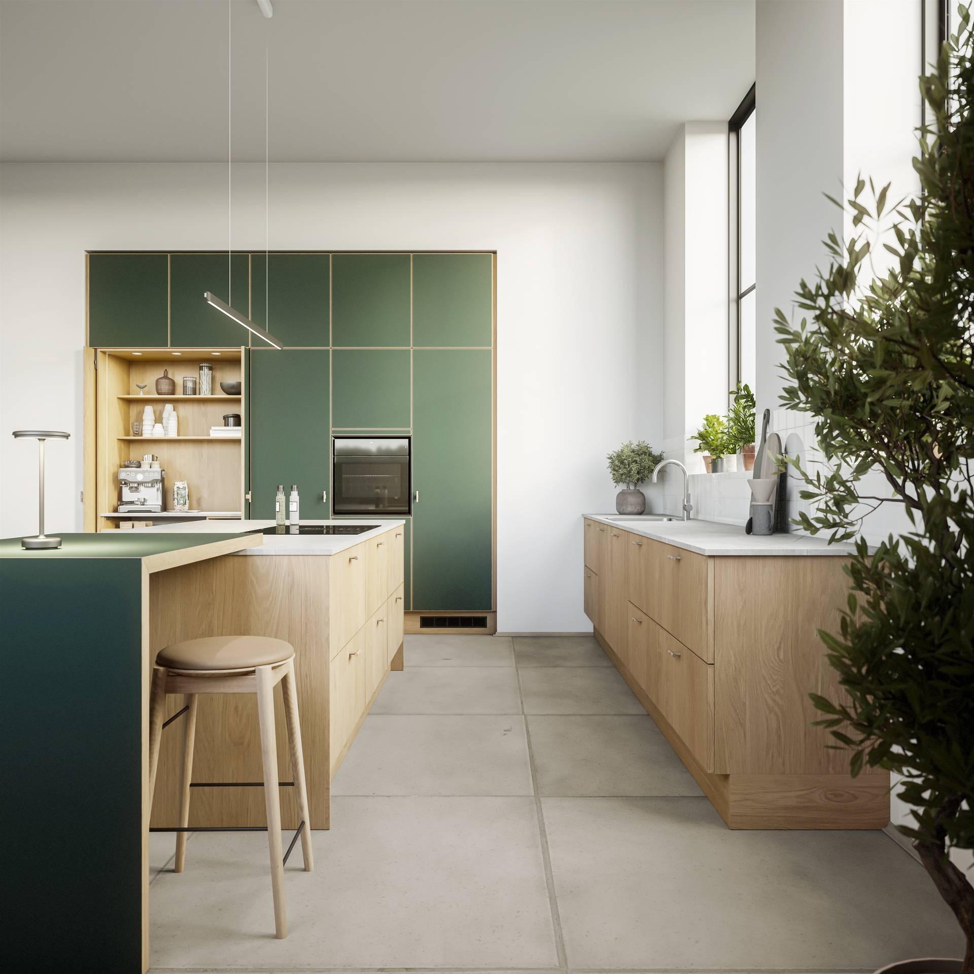 Nature by Designa køkken i rustik natur eg og grøn linoleum