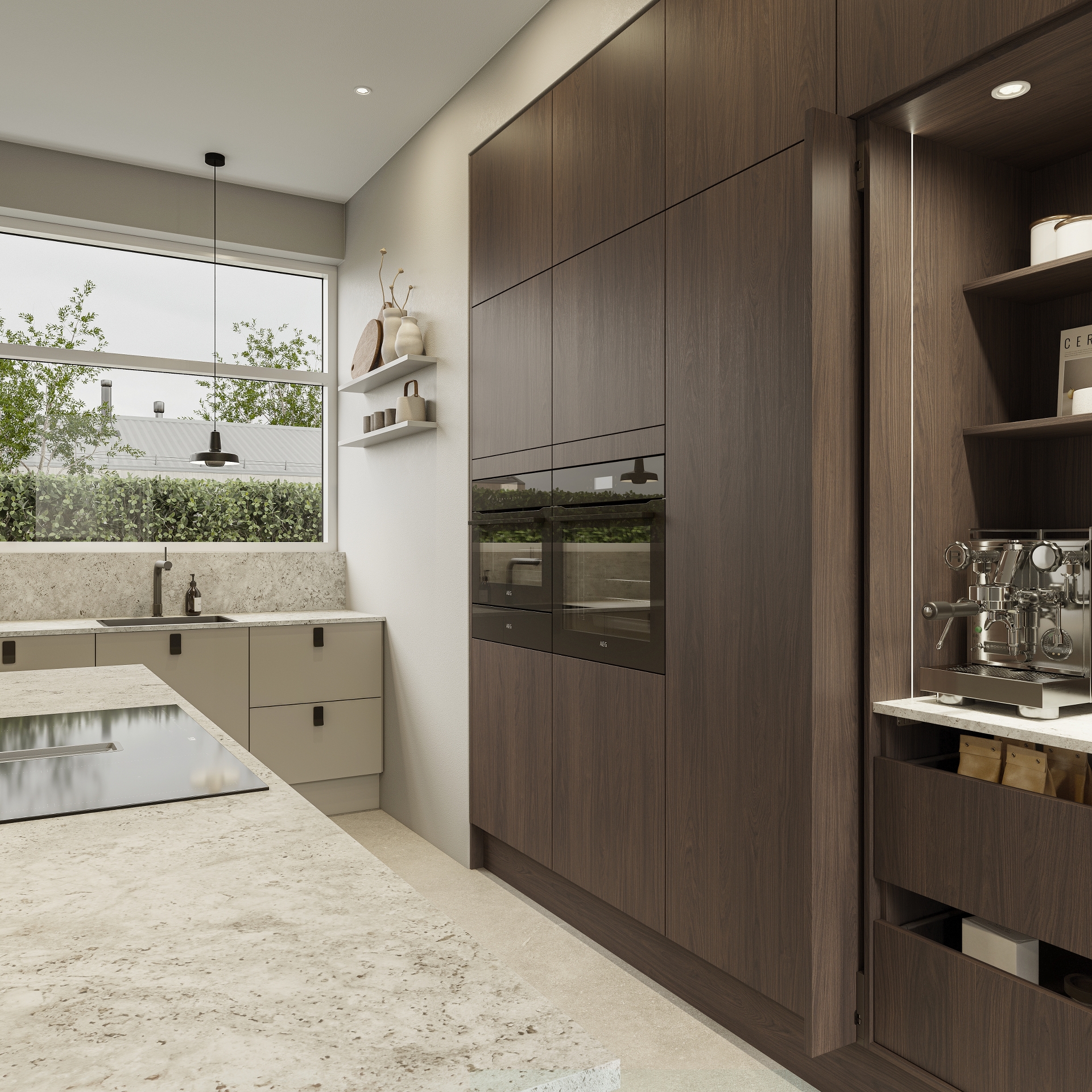 Modern by Designa mørk eg køkken og Silk by Designa gråbrun