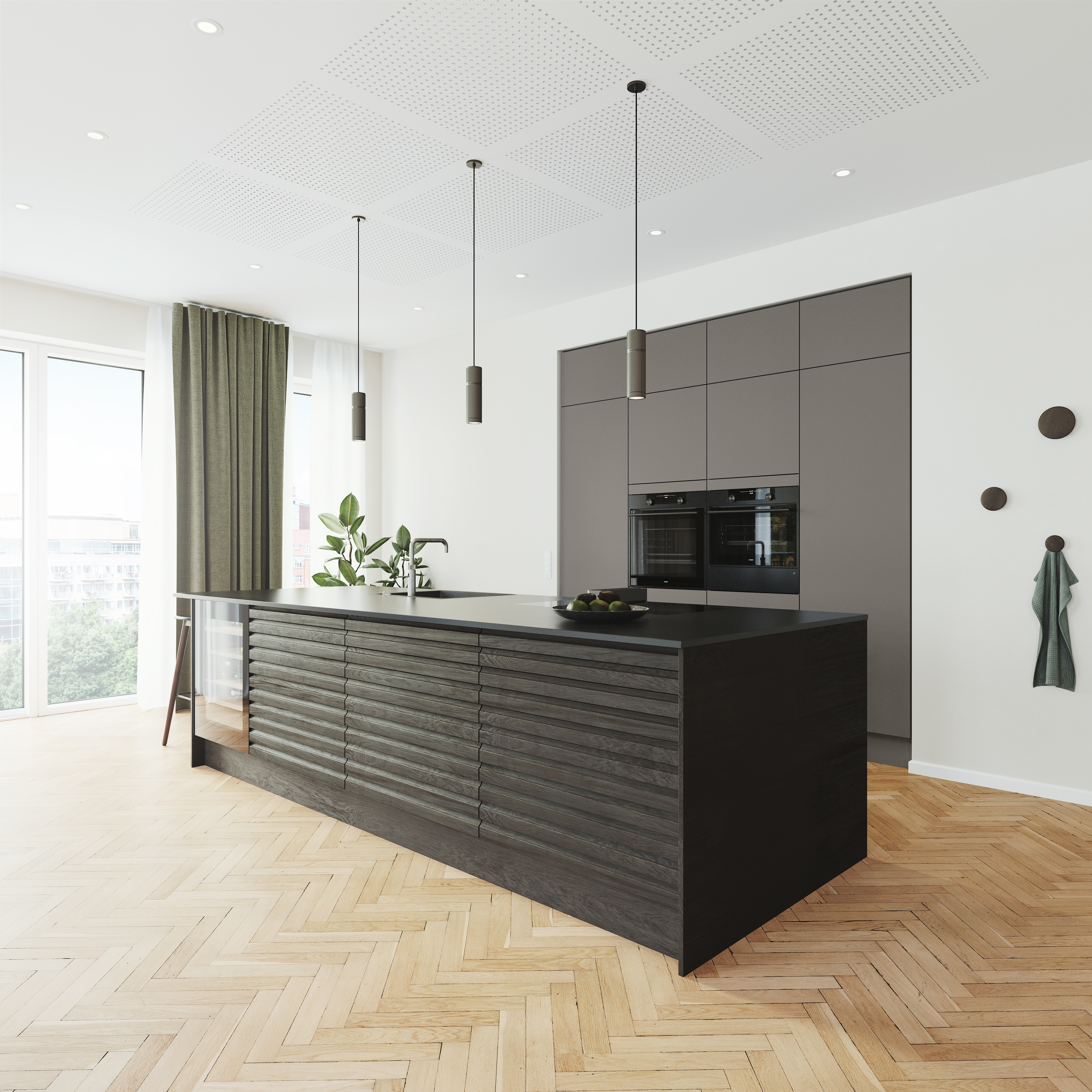 Silk by Designa grå køkken kombineret med Nature by Designa i rustik mørk eg