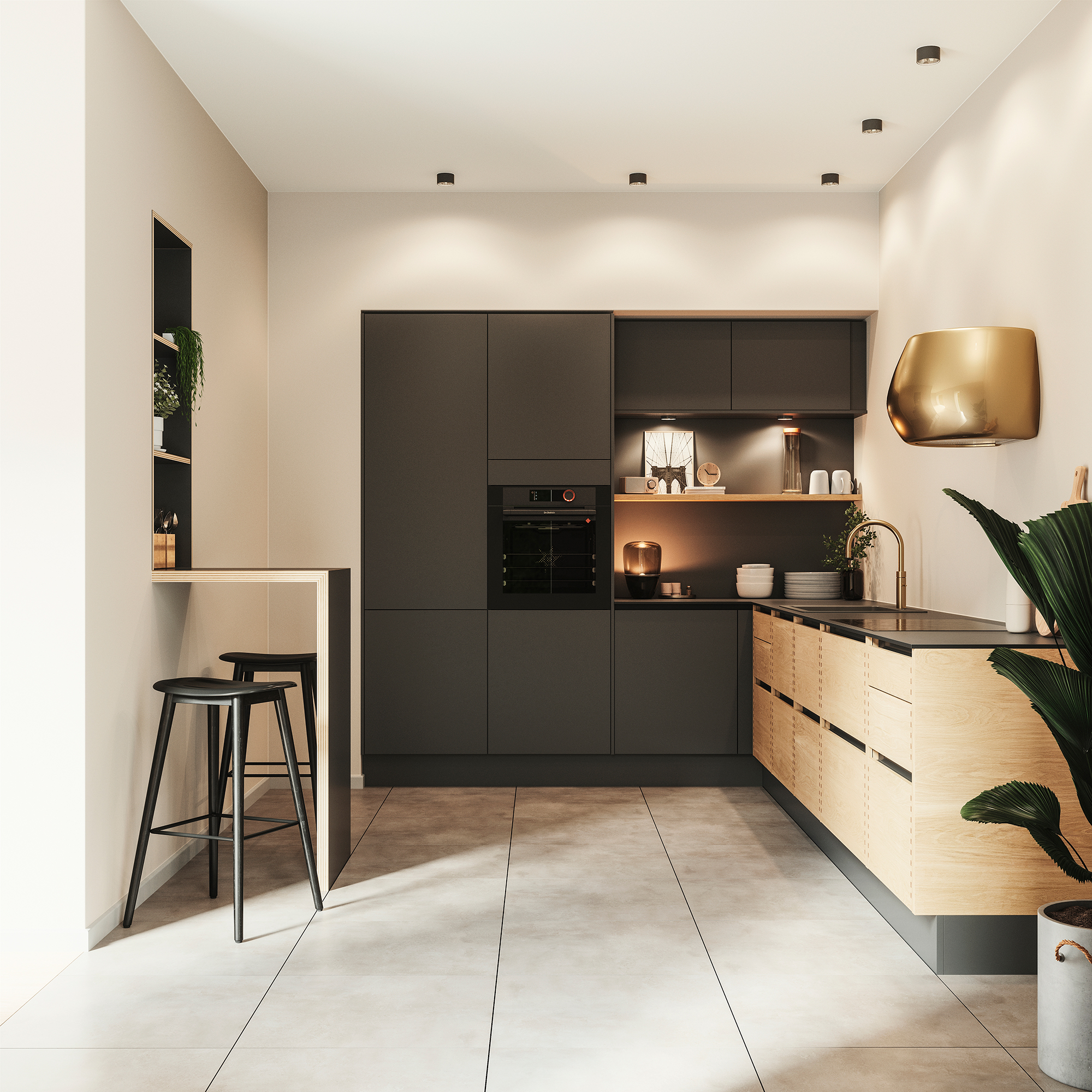 Silk by Designa køkken i sort kombineret med Nature by Designa fingertappet eg 