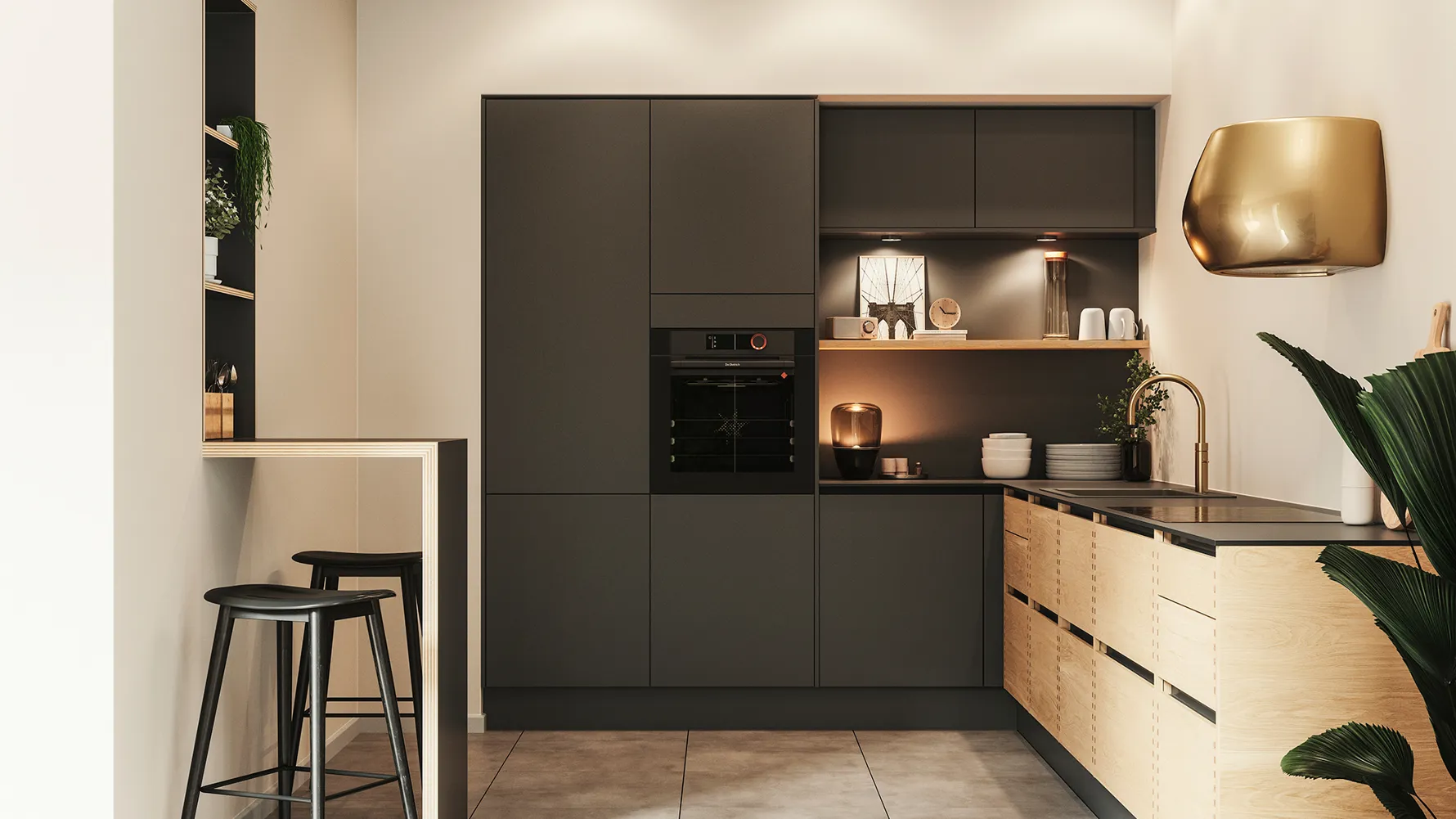 Silk by Designa køkken i sort kombineret med Nature by Designa fingertappet eg