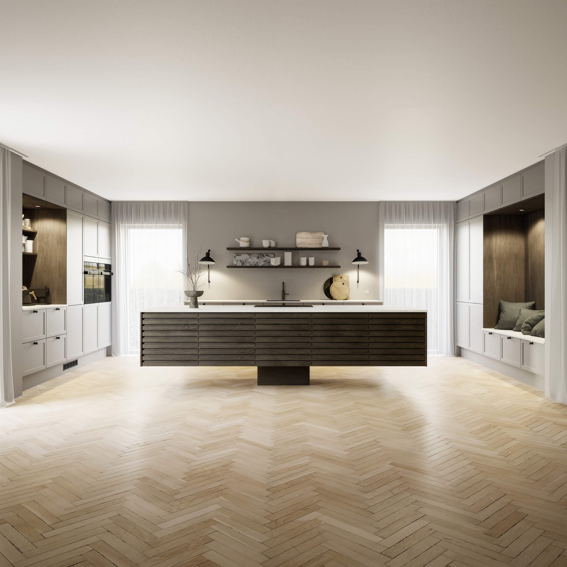 Classic by Designa køkken sand ramme kombineret med Nature by Designa i rustik mørk eg lameller