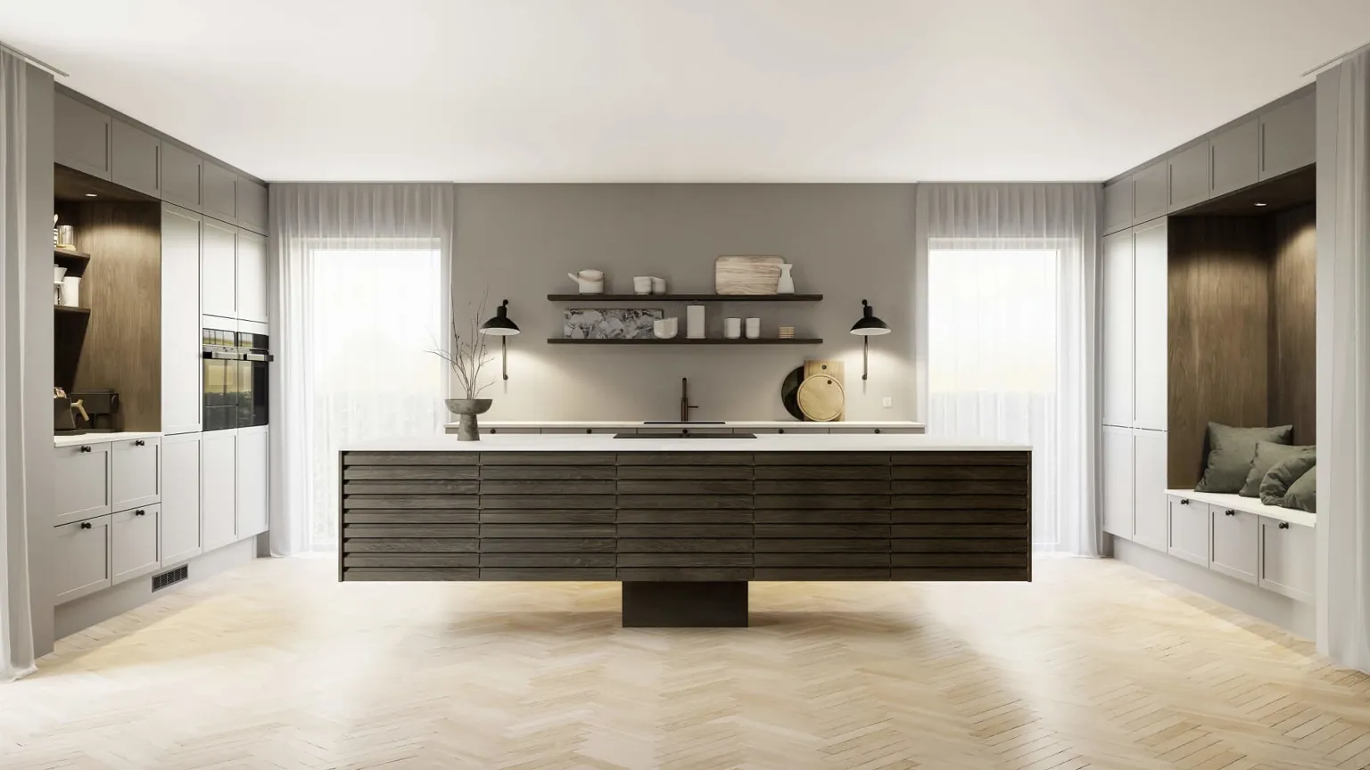 Classic by Designa køkken sand ramme kombineret med Nature by Designa i rustik mørk eg lameller