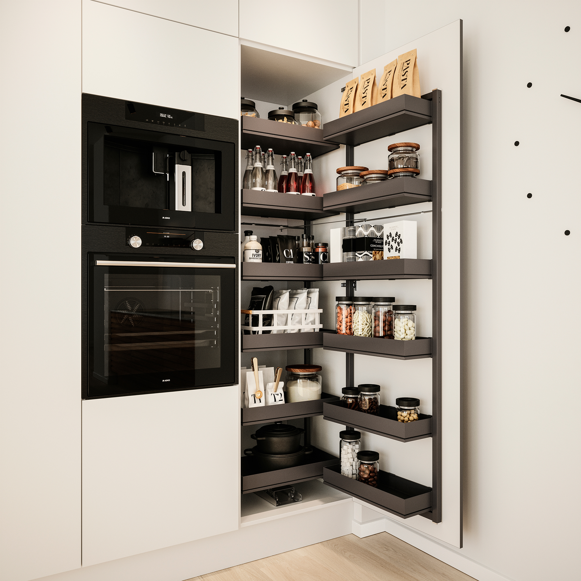 Nature by Designa køkken i rustik natur eg og Silk by Designa i hvid